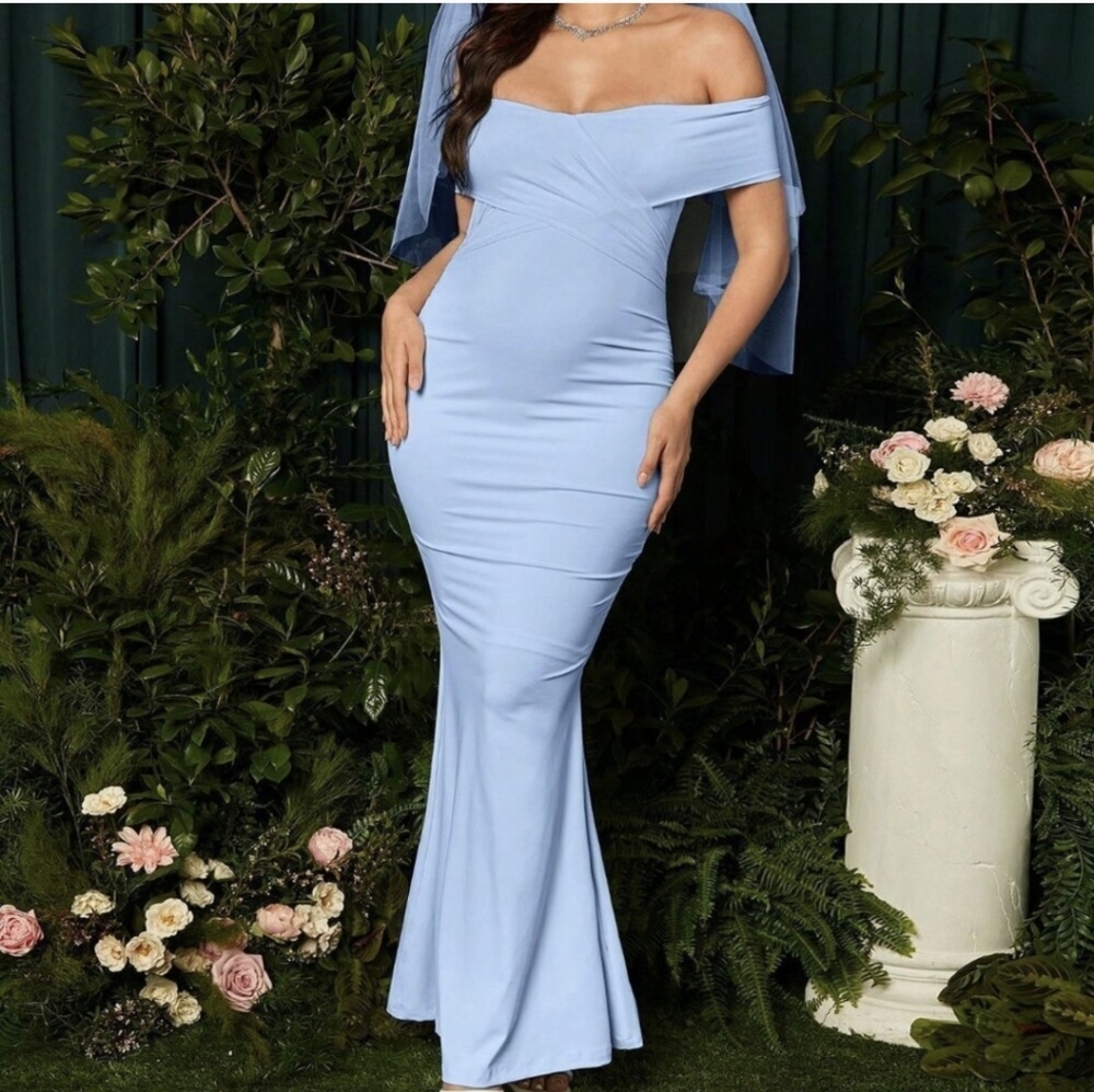 Blue Elegant Women's Solid Color Off-Shoulder Mer… - image 7